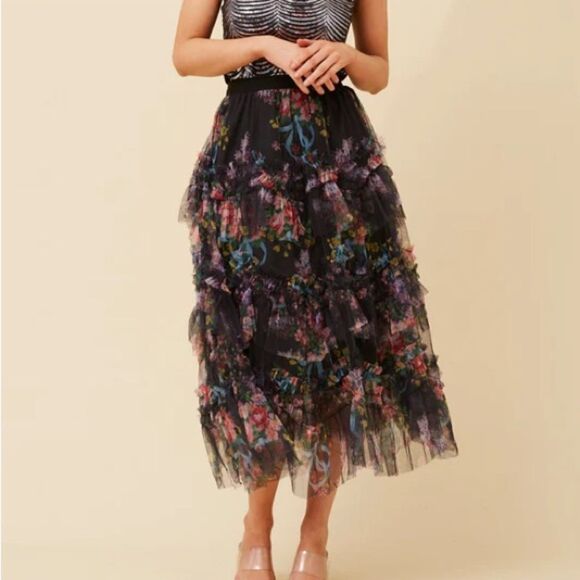 Boutique Tulle Midi Skirt In Black Roses New With Tags Medium - Picture 2 of 8